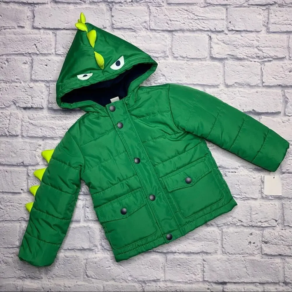 Little Me Green Monster Hooded Puffer Jacket in Green